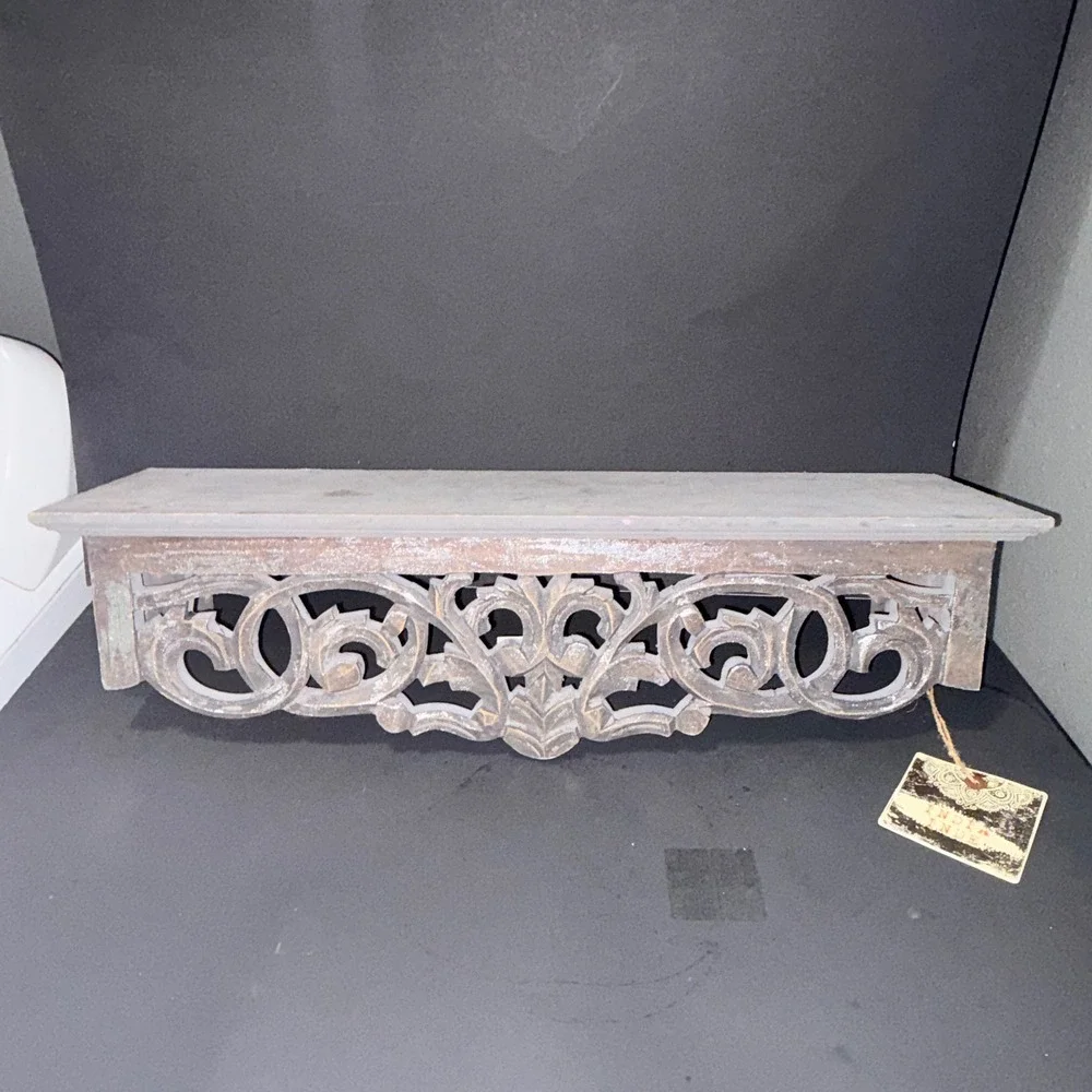 Handcrafted Indian Wood Wall Shelf Ornate Carved Scrollwork Distressed Grey 24in